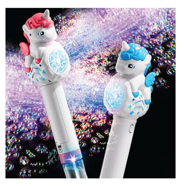 2 PCS Magical Unicorn Bubble Wand Fun Outdoor Toy for Kids, Light & Sound Ages 3+ 2 bubble solution bottle Batteries Included