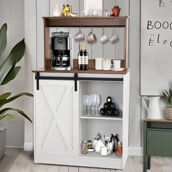 Farmhouse Coffee Bar with Sliding Barn Door, White Home Coffee Bar Station Cabinet with 6 Hooks Adjustable Shelves, Corner Hutch Buffet Cabinets with Storage for Kitchen Living Dining Room