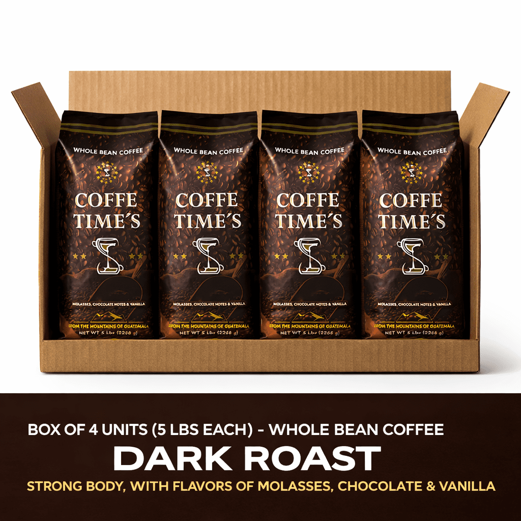 Coffe Times, Whole Bean Coffee Packets, Dark Roast - Strong Body, Coffee with Flavor notes of Molasses, Chocolate and Vanilla, (5 lb bags, Pack of 4 units)