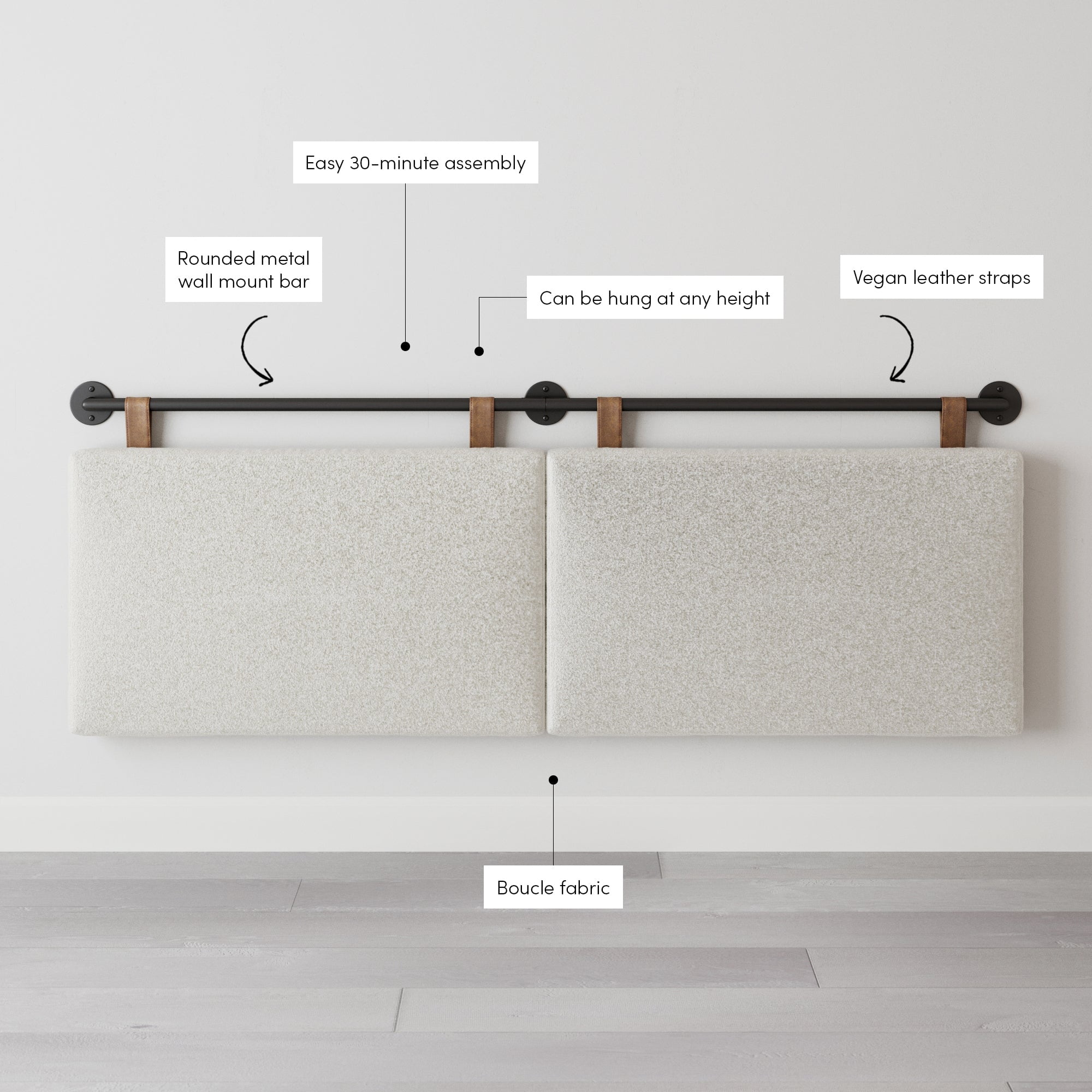 Charlie King Wall Mount Headboard, Boucle Upholstered Padded Headboard, Adjustable Height Brown Leather Straps with Black Matte Metal Rail, White/Black
