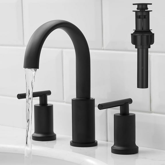 Matte Black Waterfall Bathroom Faucet 3 Hole, Widespread Two Handle Bathroom Sink Faucet Vanity Faucet, 8 Inch Bathroom Faucets for Sink with cUPC Supply Lines and Pop-Up Drain