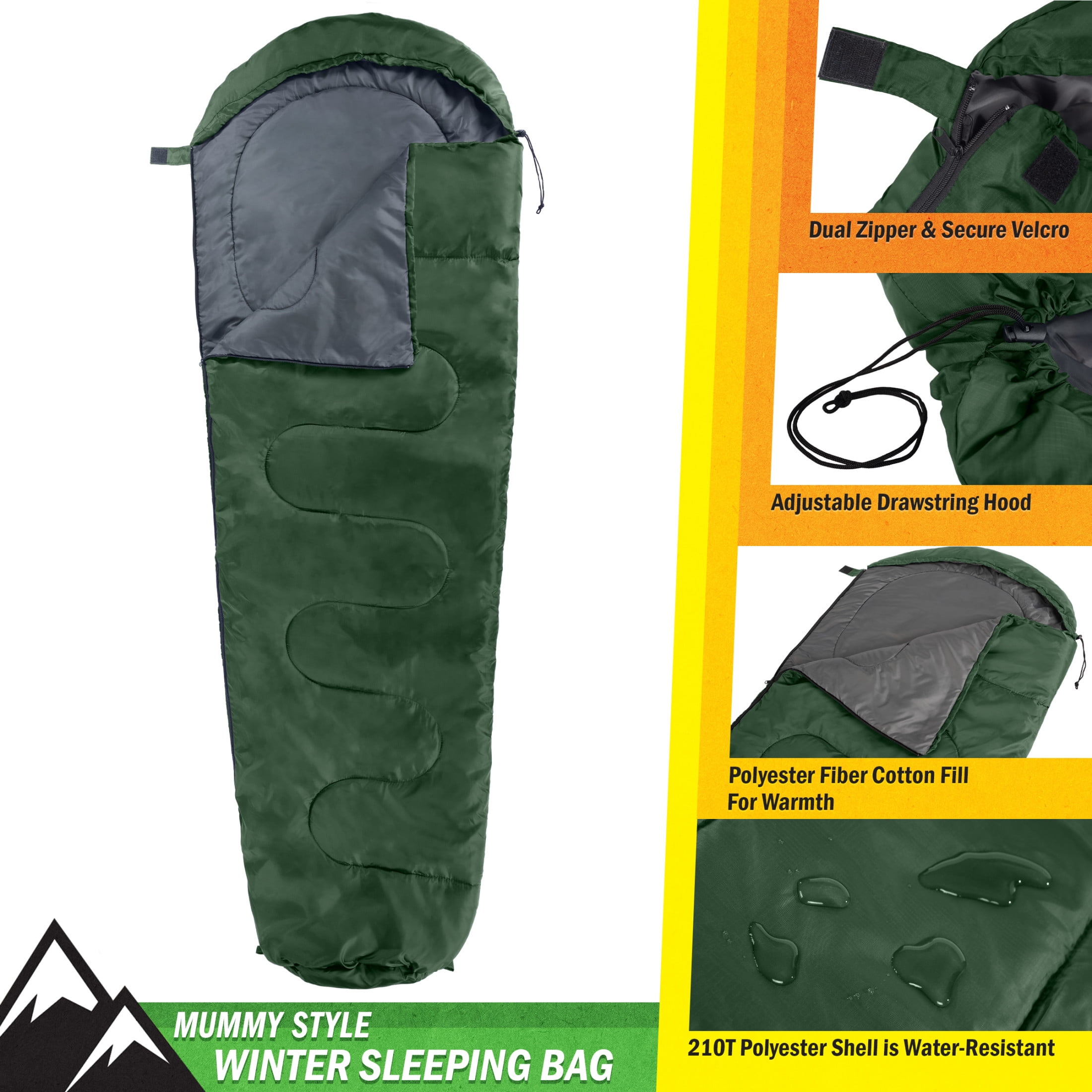 Wakeman Outdoors Cold Weather Mummy Sleeping Bag Rated to 10°F, Green
