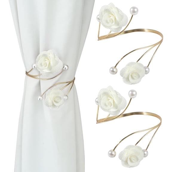 2 Pack Handmade Red Rose with Pearls Curtain Tiebacks, Gold Finish, Boho Style for Home Office Decor (White)