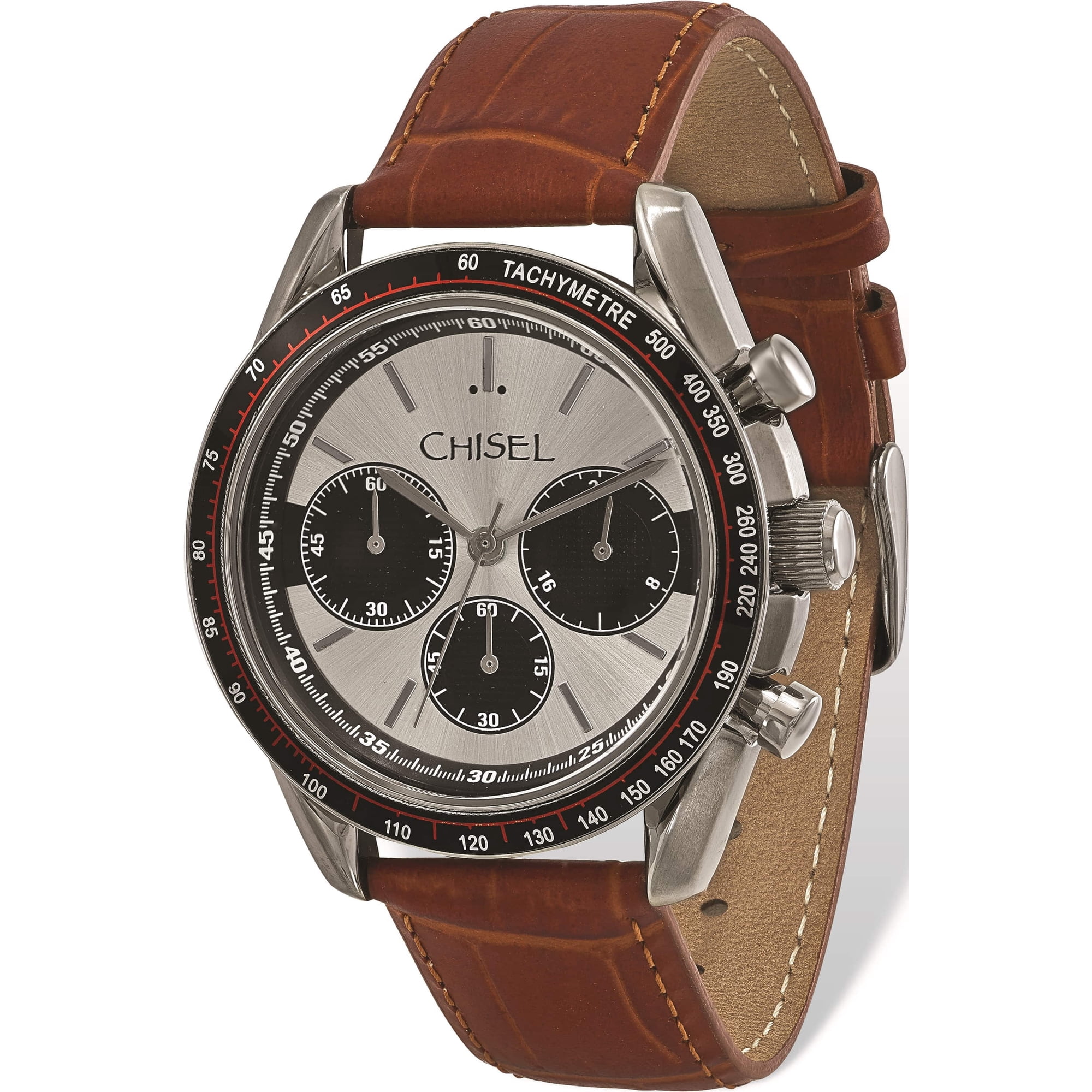 Fashion Mens Chisel Stainless Steel Brown Leather Chronograph Watch (8.75 X 1.75) Made In China tpw104