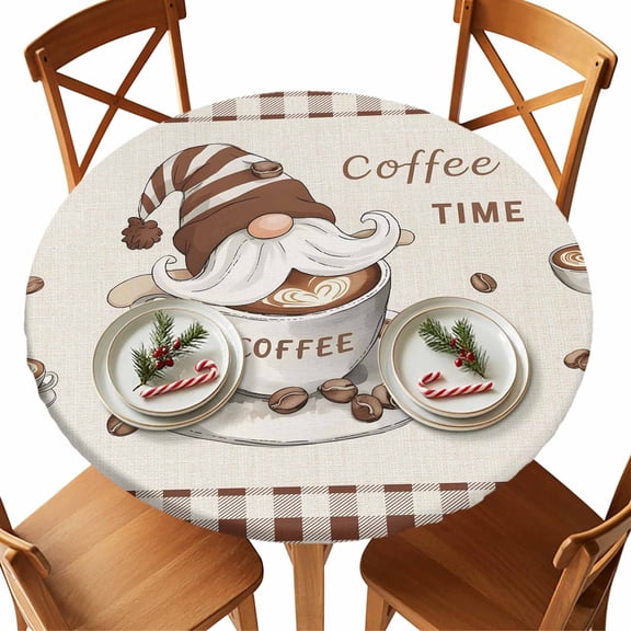 Round Tablecloth Coffee Gnomes Elastic Edge Fitted Farmhouse Brown Plaid Plastic Table Cover,Waterproof Oil Proof for Dinner,Outdoor, Picnic, 55"- 60" DIA Tables