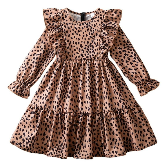 Hifoo Leopard Print Girls Dress Long Sleeve Party Gown With Flowy Skirt Photoshoots Holiday Kids Christmas O-Neck Dresses
