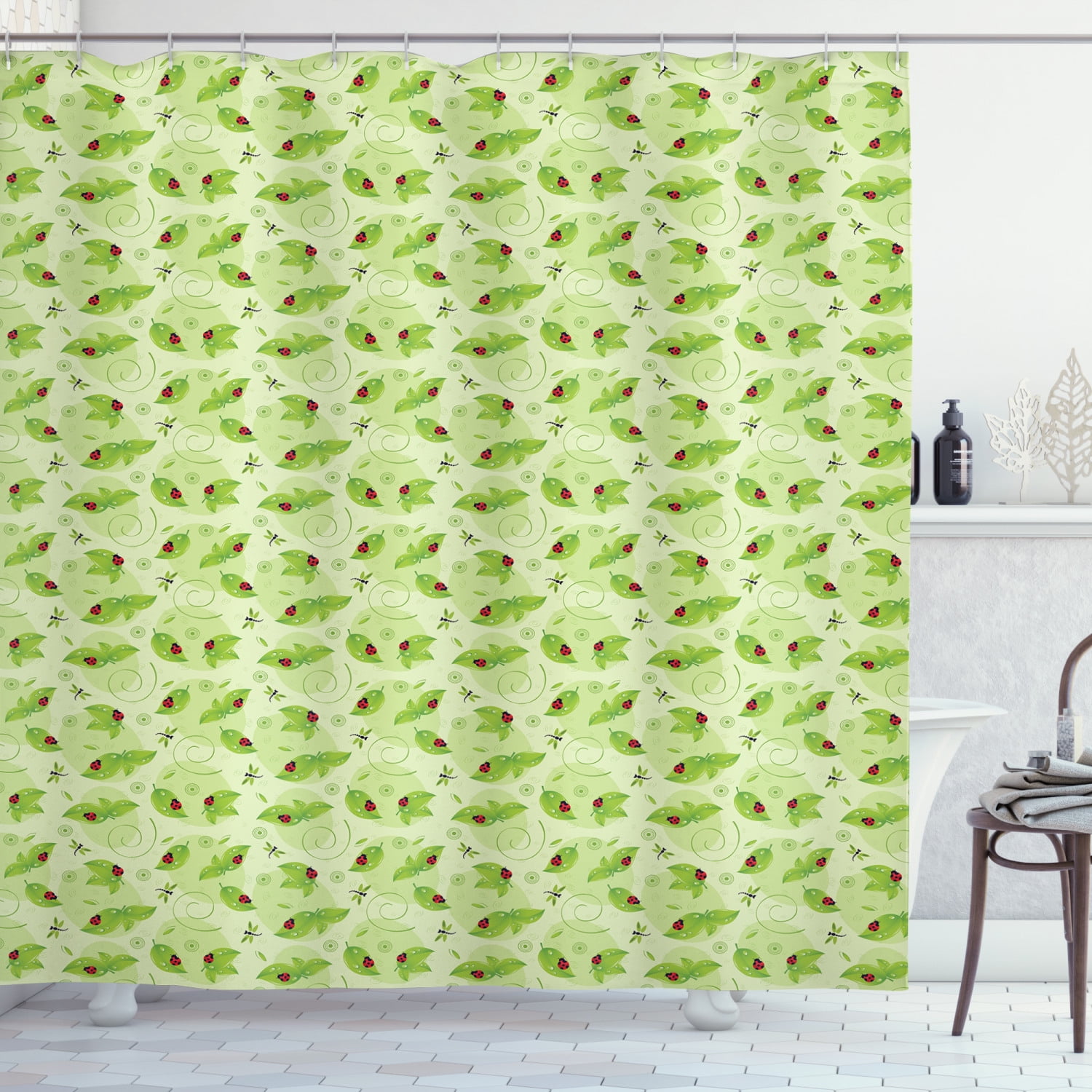 Ladybug Shower Curtain Ladybugs On Leaves With Abstract Dragonflies Seasonal Foliage Fabric Bathroom Set Hooks 69w X 84l Inches Extra Long Green Pale And Vermilion By Ambesonne Com Ladybug Shower Curtain Ladybugs On, Ladybug Shower Curtain Hooks