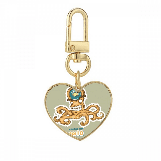 Orange Octopus Marine Life Pattern Gold Heart Keychain Metal Keyring Holder