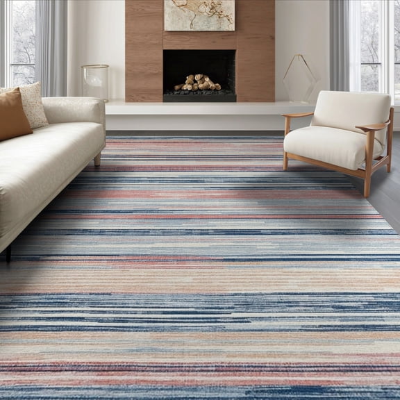 ODIKA 8'x10' Washable Area Rug Rag Chindi Knit Striped Boho Farmhouse Bordered Stripes Multi for Dining Room, Large Office, Lounge, Non-Slip Chair-Friendly Mat