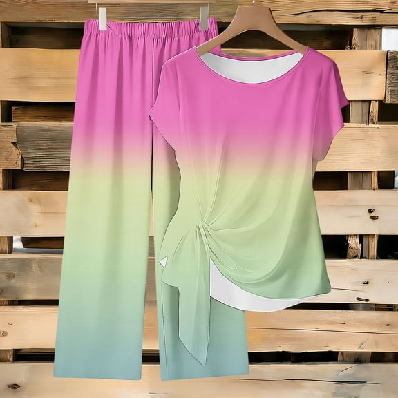 KIHOUT Women Gradient Print 2 Piece Outfit Short Sleeve Tie Side Round Neck Top Elastic Waist Wide Leg Pants Casual Loose Matching Set For Daily Wear Vacation Lounging