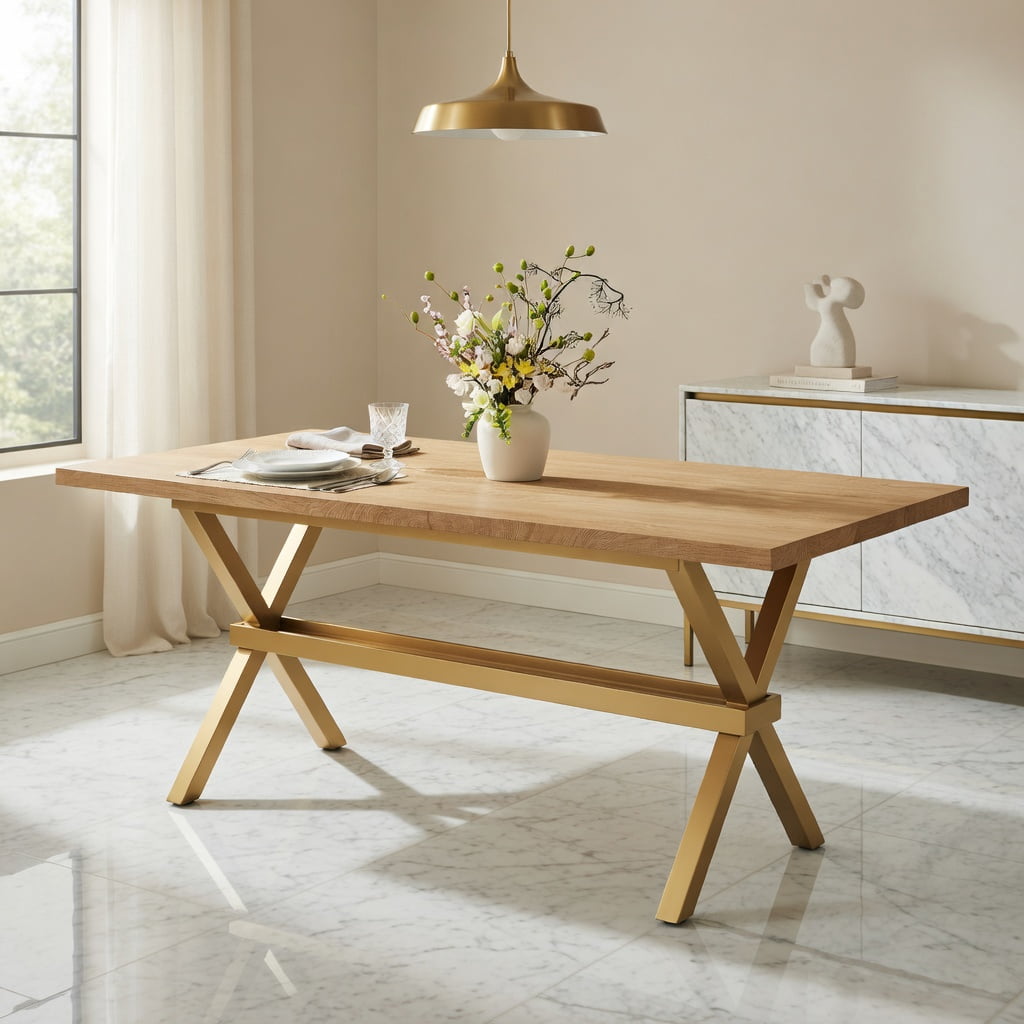 Hommoo Modern Light Wood MDF Dining Table with X-Shape Metal Base, 71" x 35.4" Extendable Rectangular Table for 6-8 People, Minimalist Home & Office Use, Natural