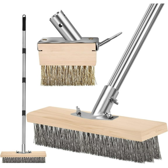 Heavy Duty Wire Push Broom with Crack Weeder Brush Set, Multifunction Moss Remover with Scraper Weed Puller, Detachable 64.9in Handle for Outdoor Deck Pavers Patios Walkways Concrete Cleaning