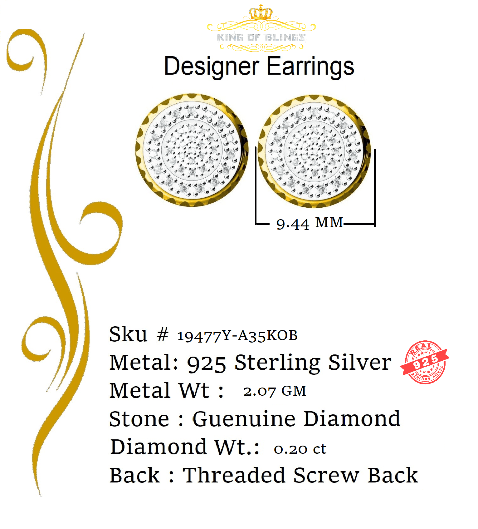 King of Bling's 925 Sterling Silver 0.20ct Diamond For Women's/ Men's Yellow Stud Round Earrings