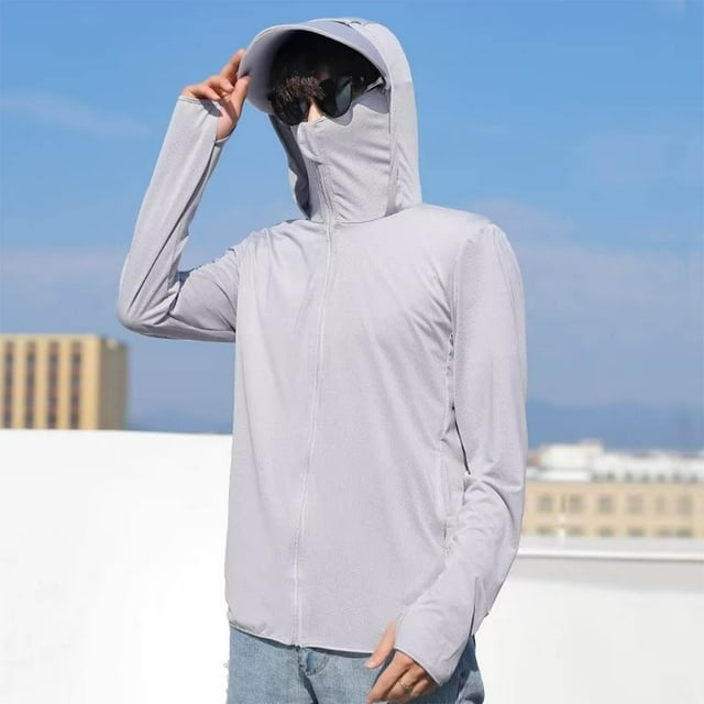 Handshe Men's Stylish Solid - Color Long - Sleeved Hooded Drawstring Loose Sun - Protection Jacket for Summer & Spring