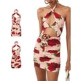thumbnail image 6 of Blotona Women's Bodycon Mini Dress Rose Print Sleeveless Hollow Out Halter Ruched Cocktail Dress, 6 of 8