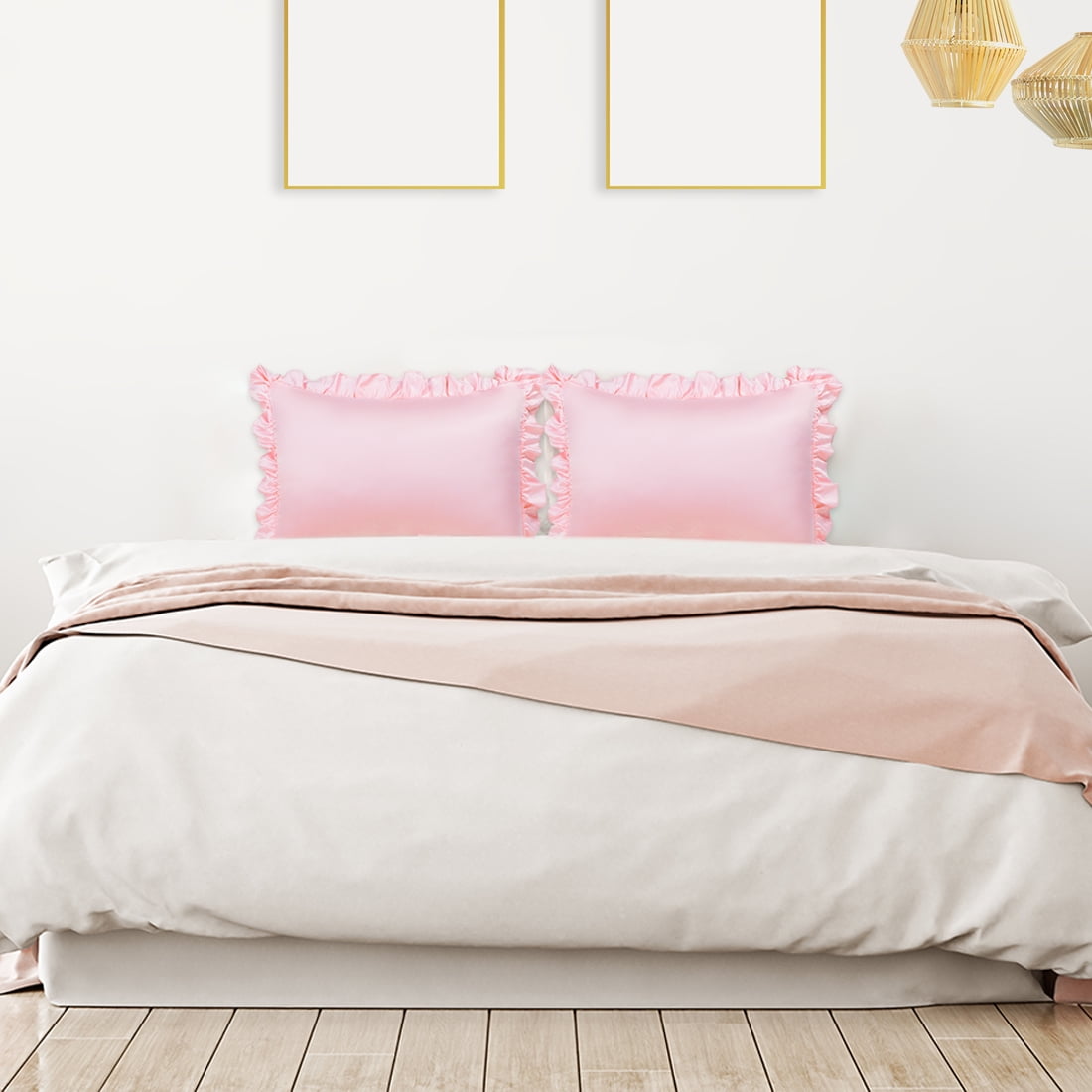 Unique Bargains 2-Piece Satin Ruffled Edge Pillowcases, Boudoir, Pink