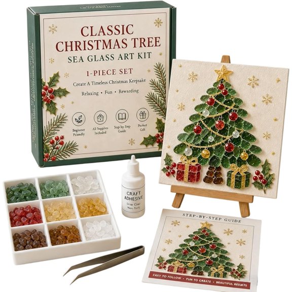 Christmas Sea Glass Art Kit, DIY Holiday Mosaic Craft Kit with Christmas Elements Design, Christmas-Themed Home Decor and Creative Gift for Adults, Beginners and Craft Lovers