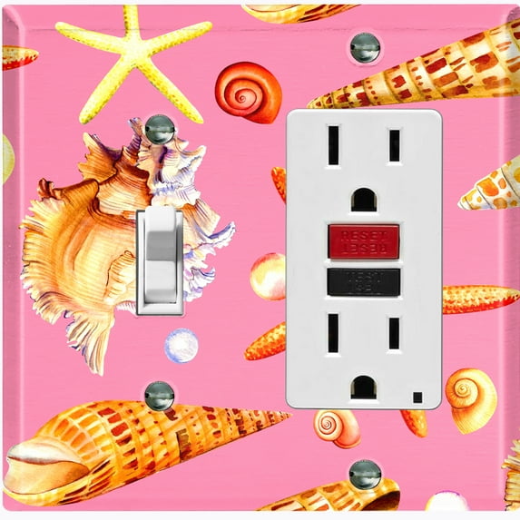 Metal Light Switch Wall Plate Outlet Cover (Colorful Ocean Crab Star Fish Sea Shell Pink - Single Toggle Single Rocker)