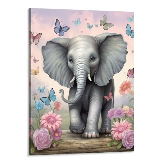 Creowell Cute Elephant Bathroom Wall Art Funny Elephant Flower Butterfly Pictures Wall Decor Floral Animal Bathroom Canvas Print Painting Framed Home Artwork Bathroom Decorations 16x20 Inch