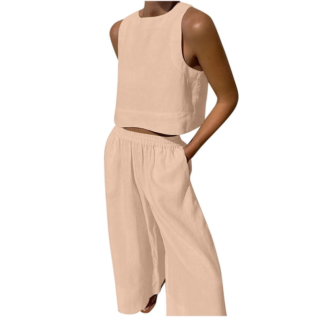 Ensembles 2 Pcs pour Femmes Décontractés Ensembles 2 Pcs pour Femmes Ensemble de Vêtements Décontractés Femme Col Rond Sans Manches Hauts Pantalons Ensembles Style Pantalon Complet S_856 Survêtements pour Femmes Kaki TTG