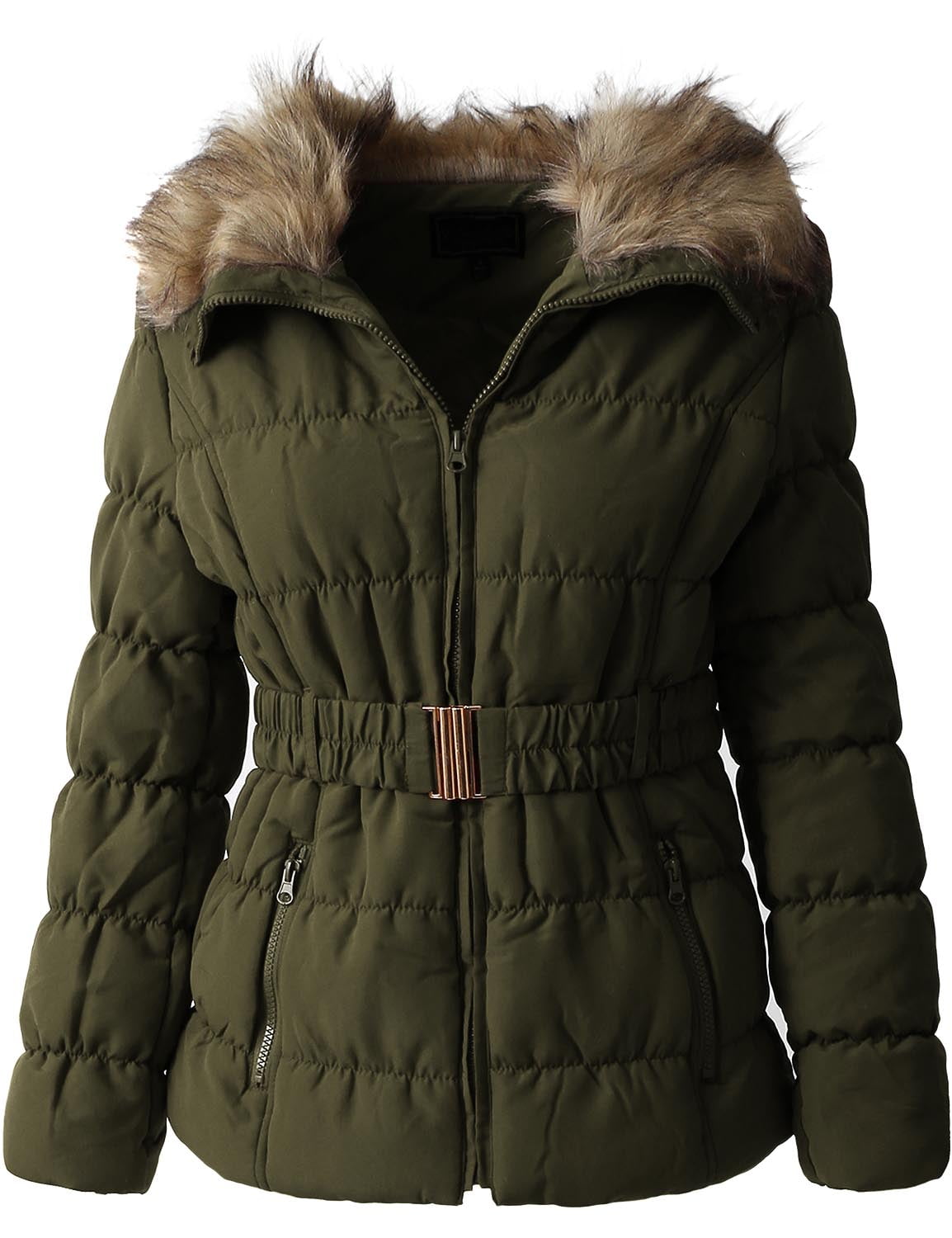 Ma Croix Womens Fur Lined Coat Belted Jacket Parka Quilted Faux Fur ...