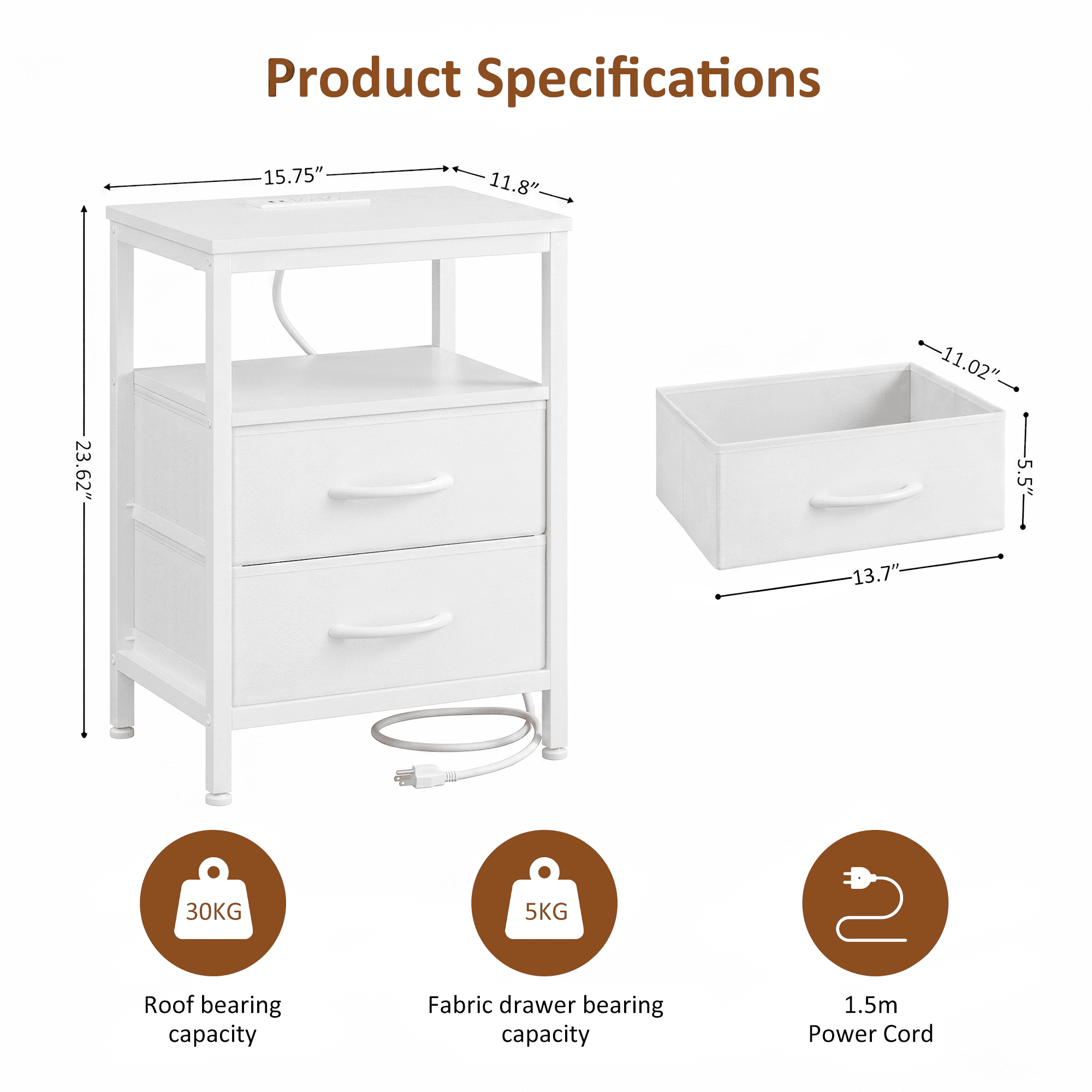 LIFERECORD Nightstand Set of 2 with 2 Fabric Drawers, Nightstand with Charging Station, End Tables with Storage Shelf for Small Spaces, Bedside Table Side Tables for Bedroom, White