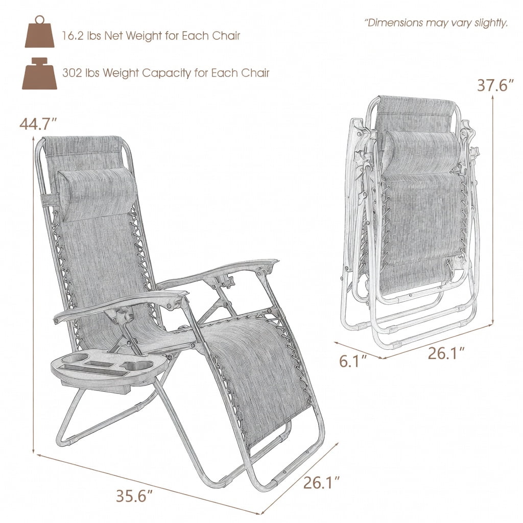 Hommoo 2-Pack Foldable Zero Gravity Lounge Chairs with Adjustable Headrest & Removable Tray, Brown