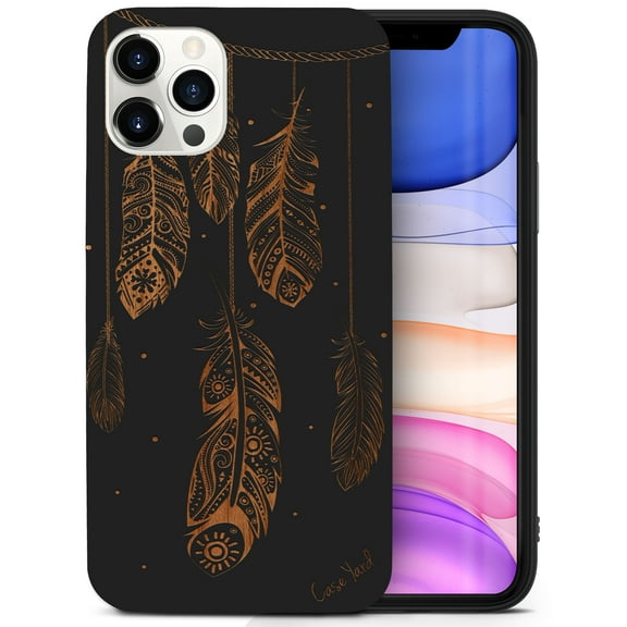 Case Yard Wooden Case for iPhone-12-Pro-Max Soft TPU Silicone cover Slim Fit Shockproof Wood Protective Phone Cover for Girls Boys Men and Women Supports Wireless Charging Feathers Design