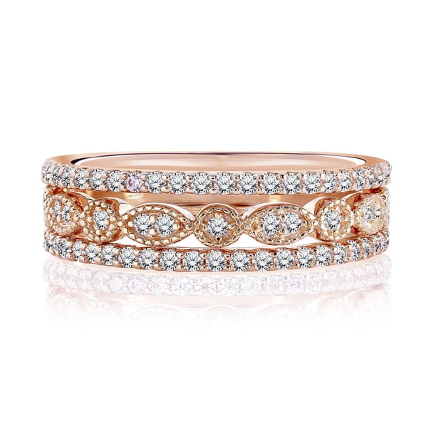 JeenMata Conjunto de Trío de Alianzas de Boda Armonizantes para Mujer en Oro Rosa de 18 K sobre Plata