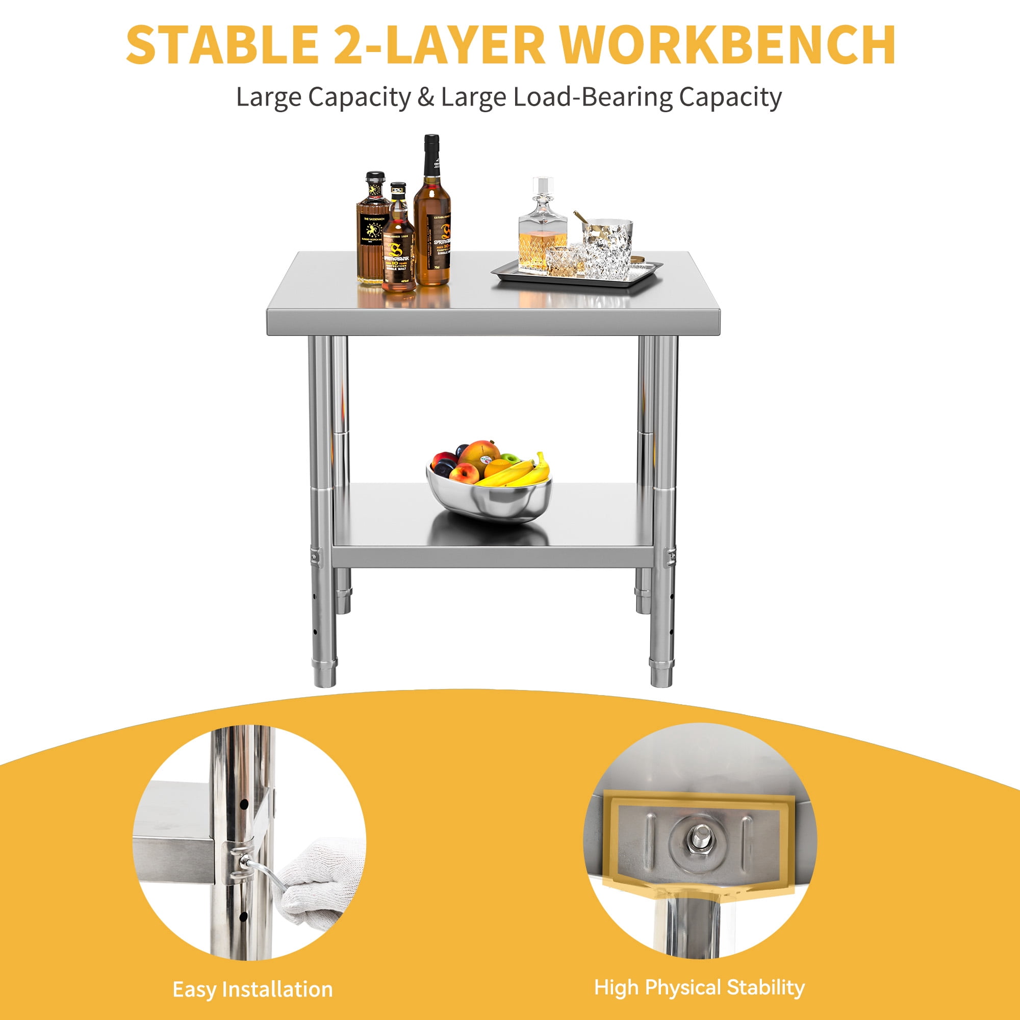 Uforic 30" x 24" Stainless Steel Work Table with Adjustable Storage Shelf, Heavy-Duty Commercial-Grade Kitchen Workstation