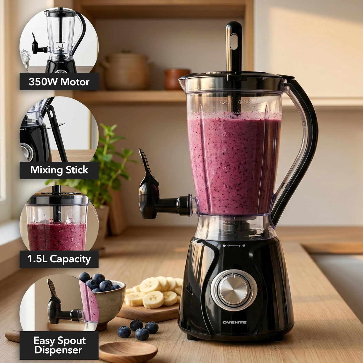 OVENTE Margarita Machine and Frozen Drink Maker with 350W Power, Easy Spout Dispenser, Stainless Steel Blade, 48-Ounce Electric Blender for Smoothies, Margaritas, Daiquiris and Slushies, Black BPM12B