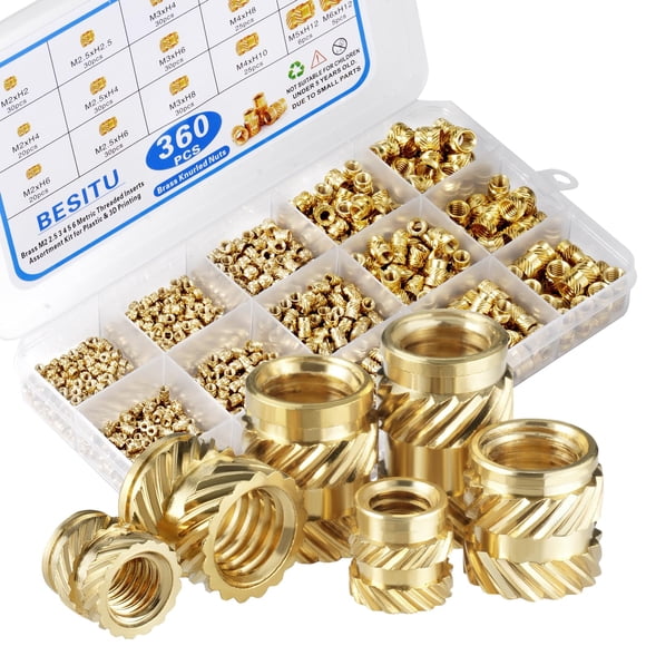 Besitu 360 Pcs Inserts Filetés M2 M2.5 M3 M4 M5 M6 Ensemble de Chaleur en Laiton pour Kit d'Inserts d'Écrous Métriques en Plastique pour Composants d'Impression 3D