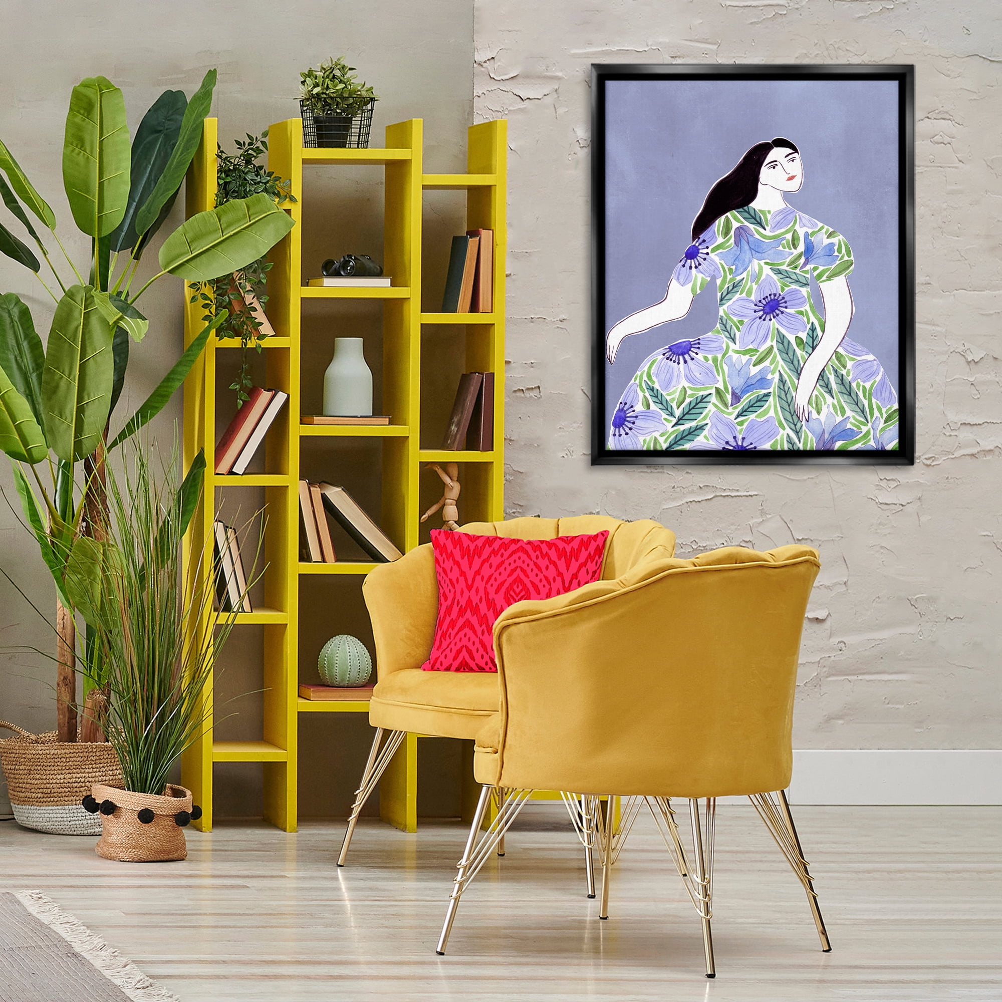 Stupell Industries Woman in Blue Floral Gown People Painting Black Floater Framed Canvas Art Print Wall Art, 25 x 31