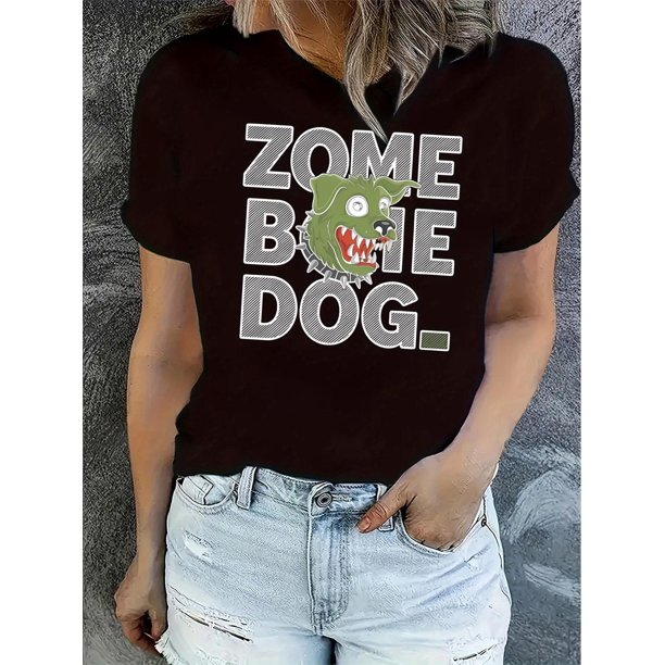 Women's Fashion Cartoon Dog & Letter Print T-Shirt - Casual Crew Neck, Short Sleeve, Stretchy Polyester Blend, Machine Washable - Perfect for Summer