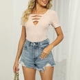 thumbnail image 3 of Tops de verano para mujer, camisa informal ajustada con cuello en V, manga corta, Color puro, diseño recortado, para fiesta, oficina, viajes, albaricoque M, 3 of 6