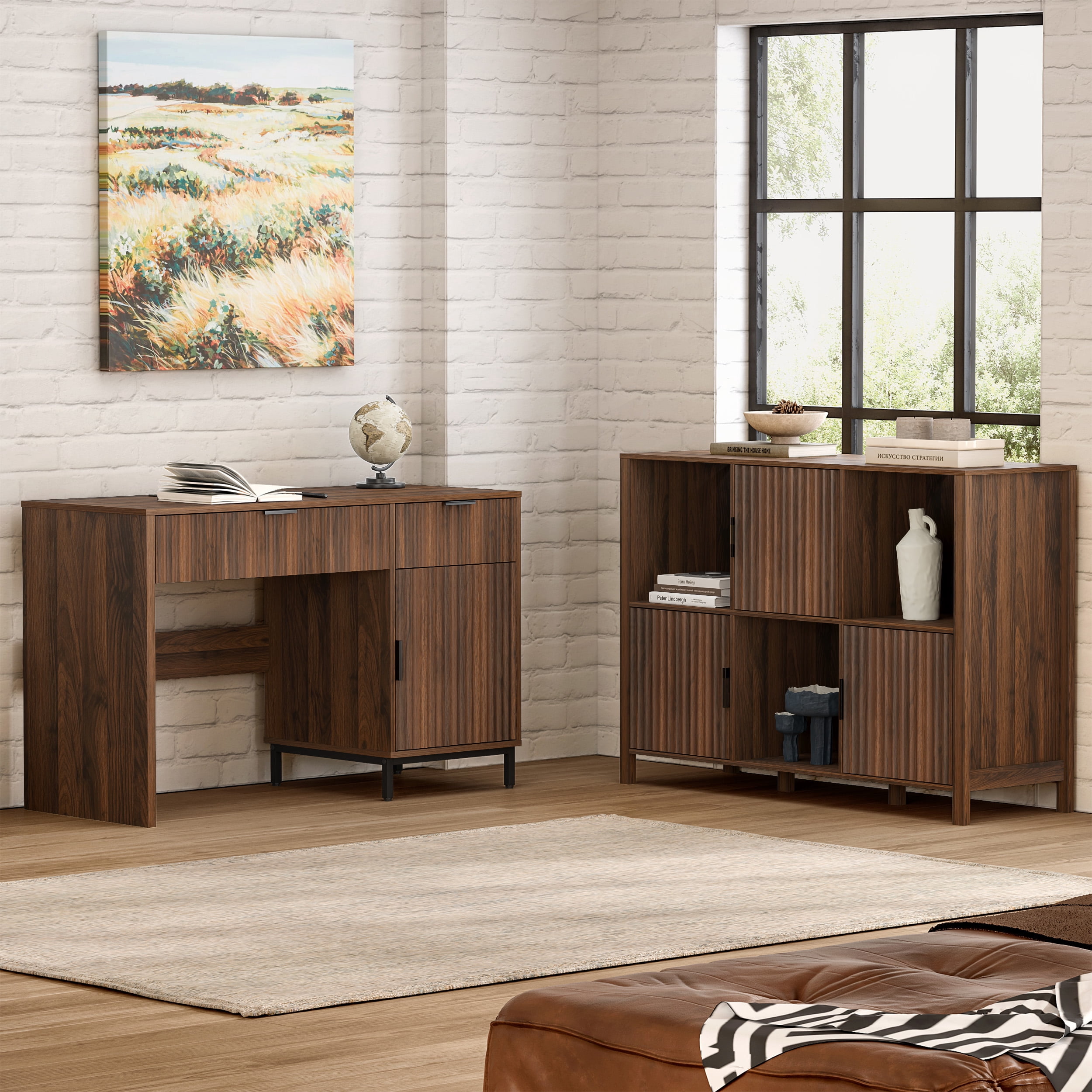 EYYTHUNG 47" Fluted Executive Desk, Modern Wood Home Office Desk with Charging Station, Drawer & Cabinet, Computer Writing Desk