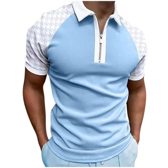 Polo Shirts for Men Splicing/Solid Color Quarter Zipper Short Sleeve Tennis Shirt Moisture-Wicking Comfortable Slim Fitted Pull-On Tee Tops