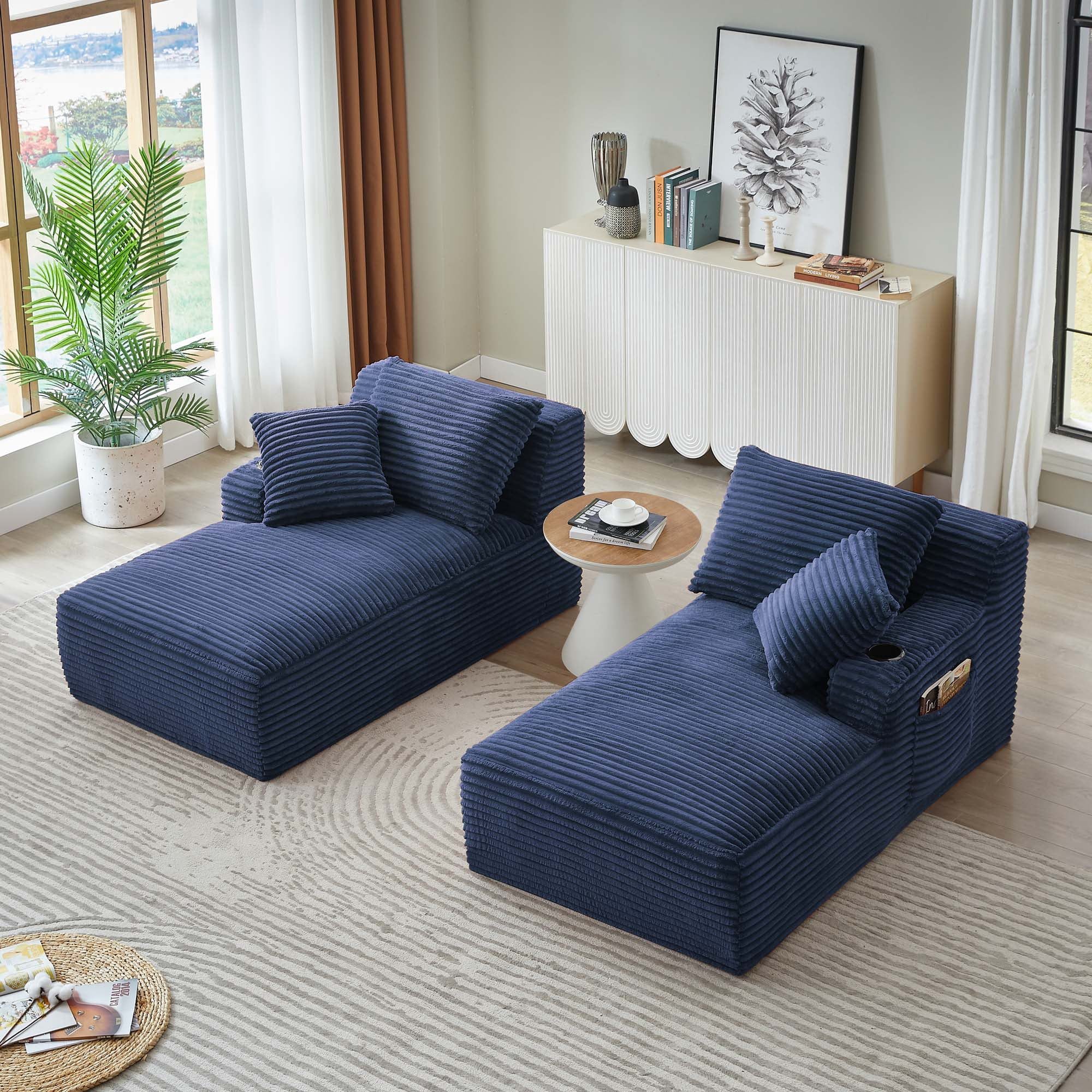 Miniyam 2pc Blue Compressible Chaise Lounge with Cupholders - No Assembly Required, Fluffy Modern Sleeper Loveseat for Indoor Living Room Bedroom