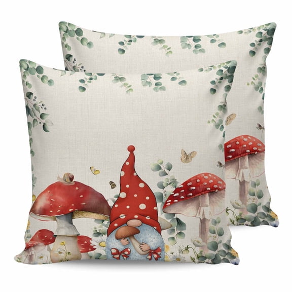 14x14 Pillow Covers Set of 2, Red Mushroom Gnomes Throw Pillow Covers Decorative Couch Cushion Case, Eucalyptus Leaves Watercolor Rustic Microfiber Square Pillowcases for Bedroom Car Living Room