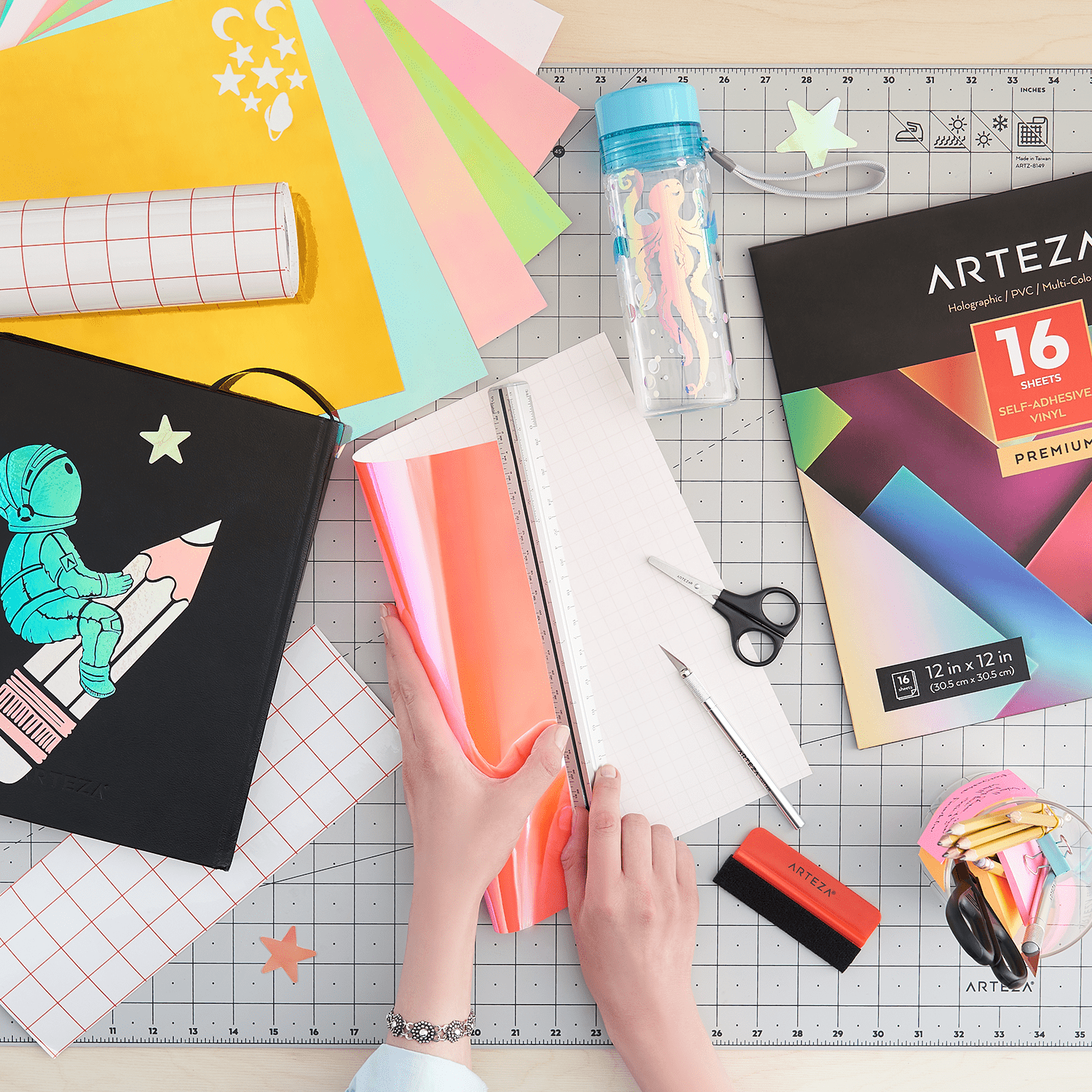 Arteza Self Adhesive Vinyl, Holographic, Assorted Tones, 12"x12" - 16 Pack