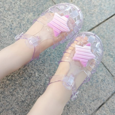 

Hinvhai Toddler Girls Jelly Sandals Clearance Fashion Classic Mary Jane Solid Color Hollow Out Non-slip Soft Sole Flats Kids Baby Princess Beach Sandals Purple 5-6Years
