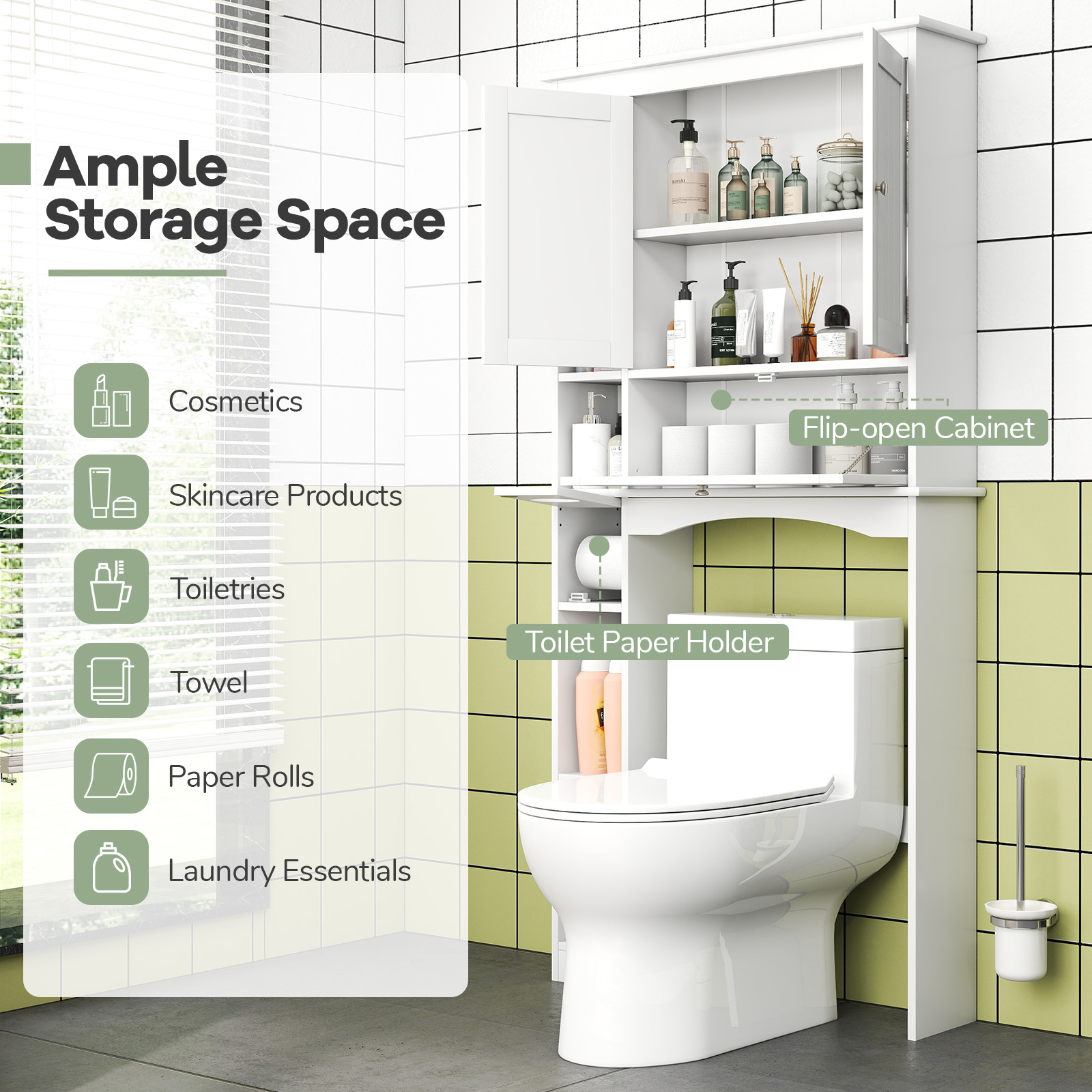 Costway Over the Toilet Storage Cabinet Bathroom Storage Organizer with Toilet Paper Holder White