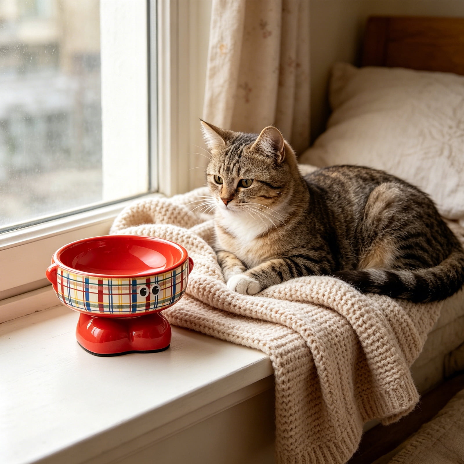 Elevated Cat Dog Bowls,Ceramic Raised Cat Food Bowl for Protecting Pet'S Spine, Feeding & Watering Supplies for Cat/Small Dogs Checkered