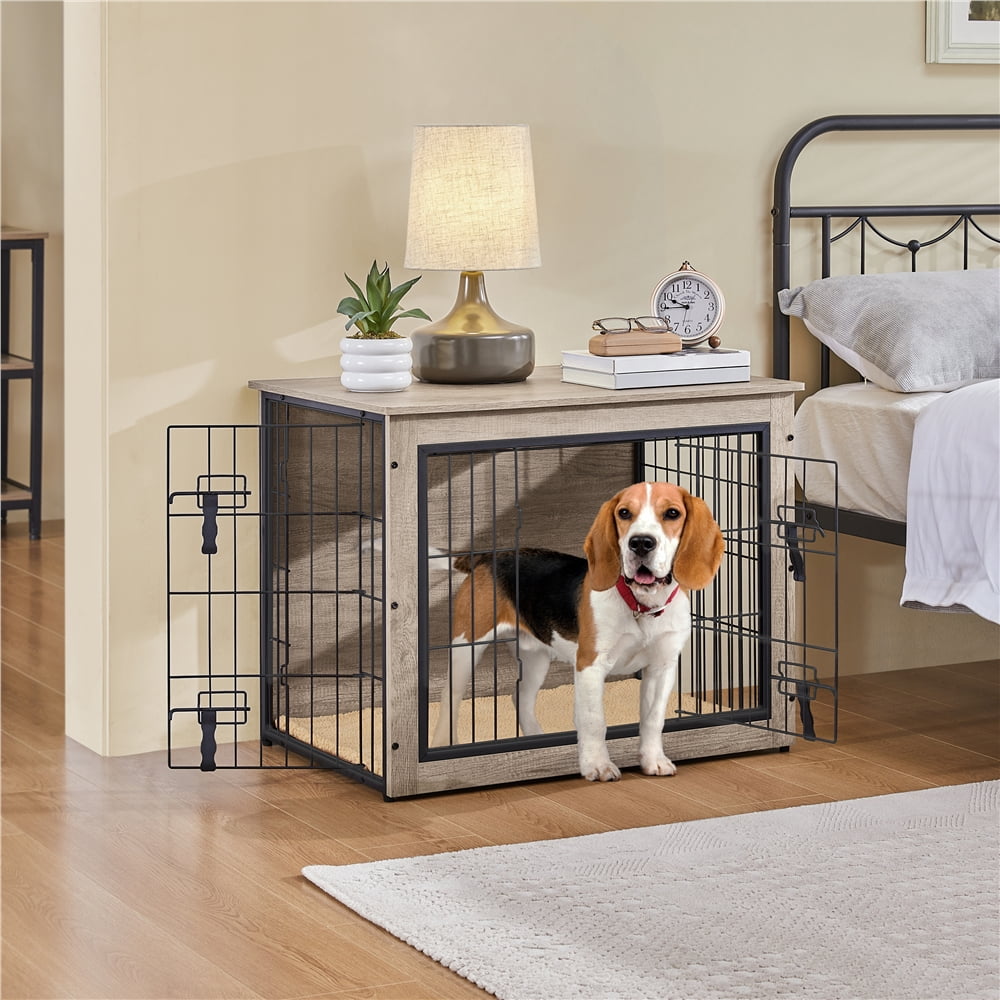 Yaheetech 31.7" W Rustic Wooden Dog Crate Furniture with Anti Skid Plush Mat, Gray