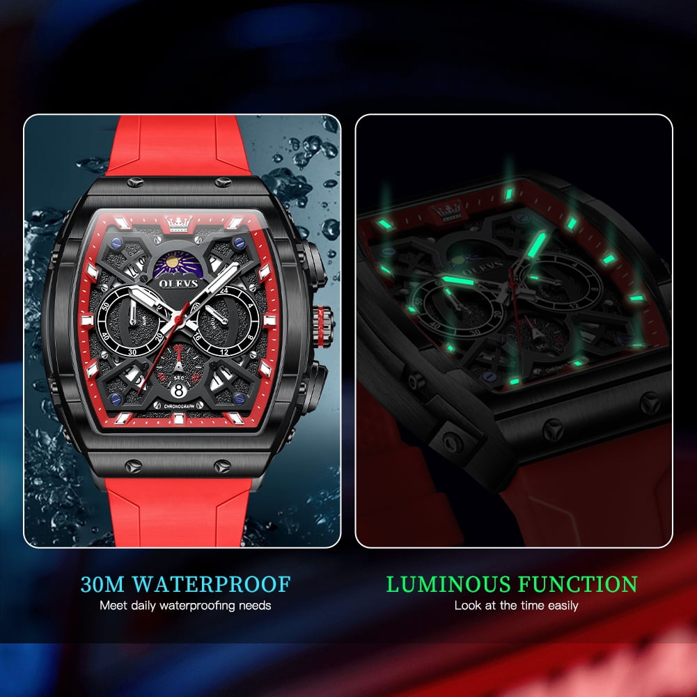 OLEVS Watches for Men Chronograph Waterproof Luxury Dress Quartz Silicon Strap Multifunction Moon Phase Calendar Luminous Men Wrist Watches Reloj Para Hombre Black/Red