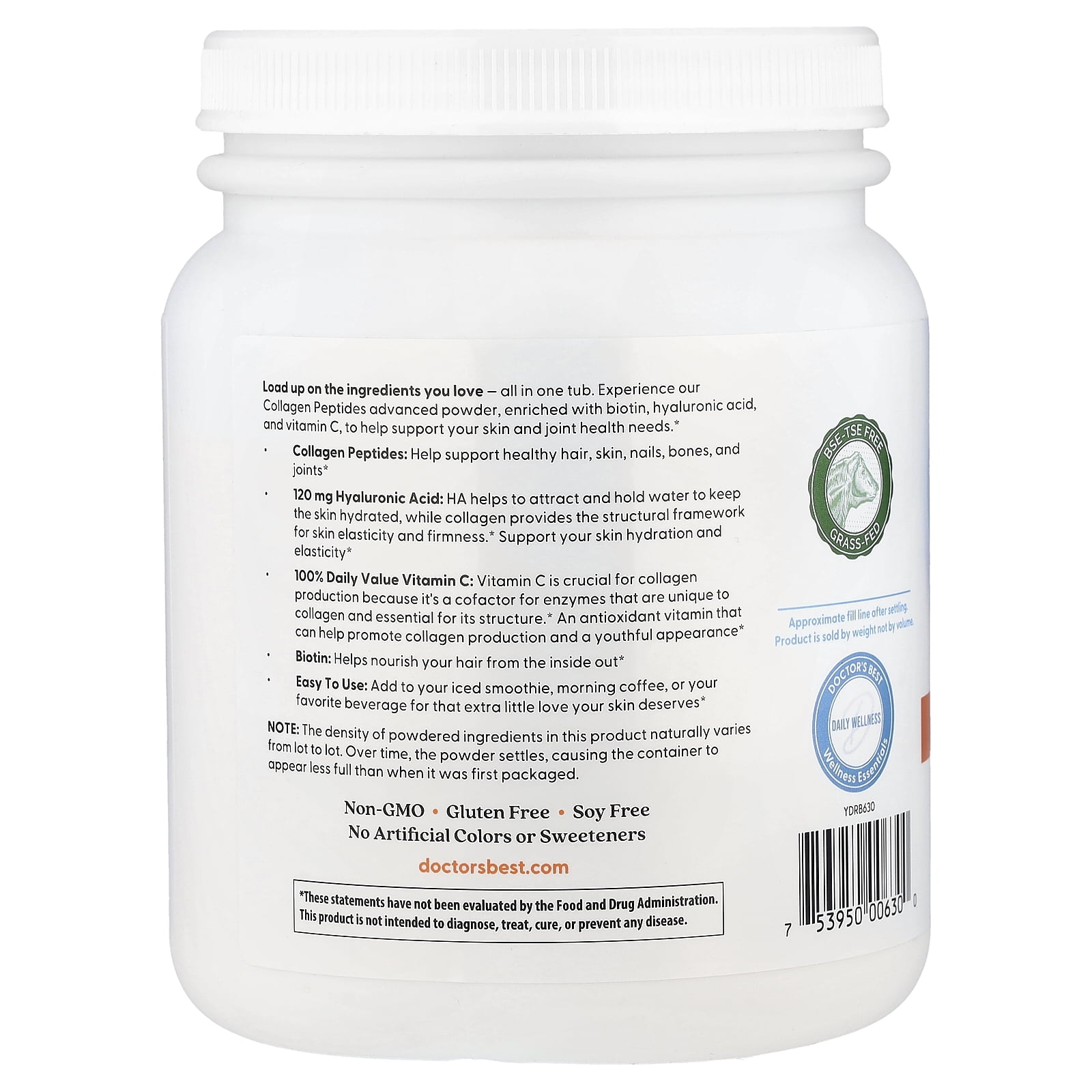 Doctor's Best Pure Collagen Peptides With Added Hyaluronic Acid, Vitamin C, & Biotin, 14.8 oz (417 g)