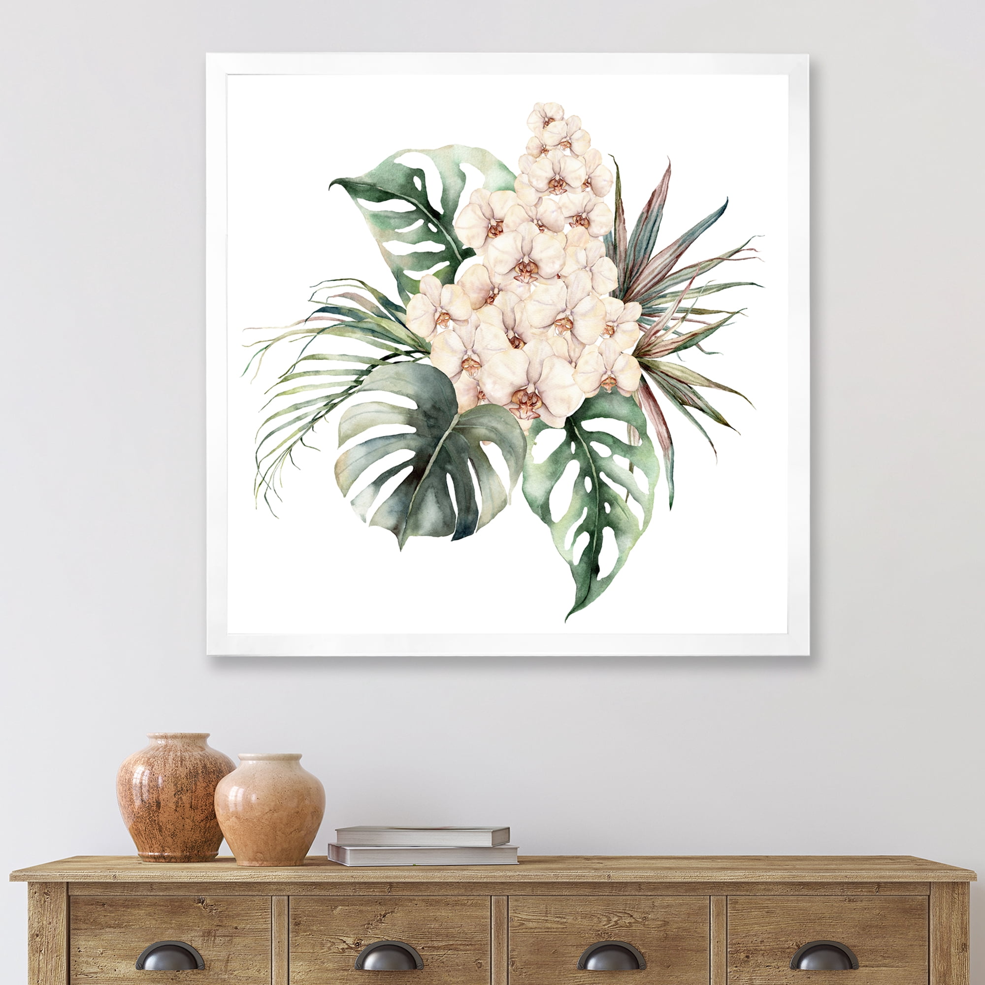 Designart 'Bouquet With Orchids Coconut Leaves and Monstera ' Traditional Framed Art Print