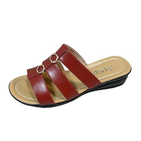 OJSFQUFP Women Shoes Casual Women Summer Solid Color Slip On Casual Open Toe Wedges Soft Bottom Breathable Slippers Shoes Sandals Women Slipper Red 42