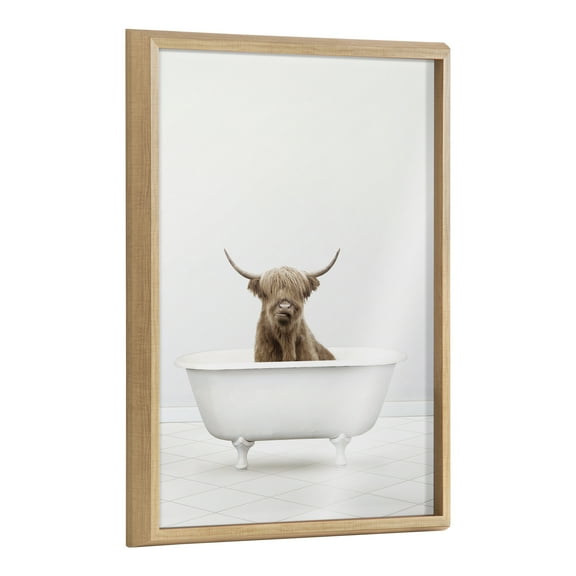 Kate and Laurel Blake Highland Cow Solo Bathtub Framed Printed Glass Wall Art by Amy Peterson Art Studio, 18 x 24 Natural, Decorative Animal Art Print for Wall