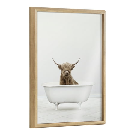 UPC: 0032231644388 | Kate and Laurel Blake Highland Cow Solo Bathtub Framed Printed Glass Wall Art by Amy Peterson Art Studio 18 x 24 Natural Decorative Animal Art Print for Wall